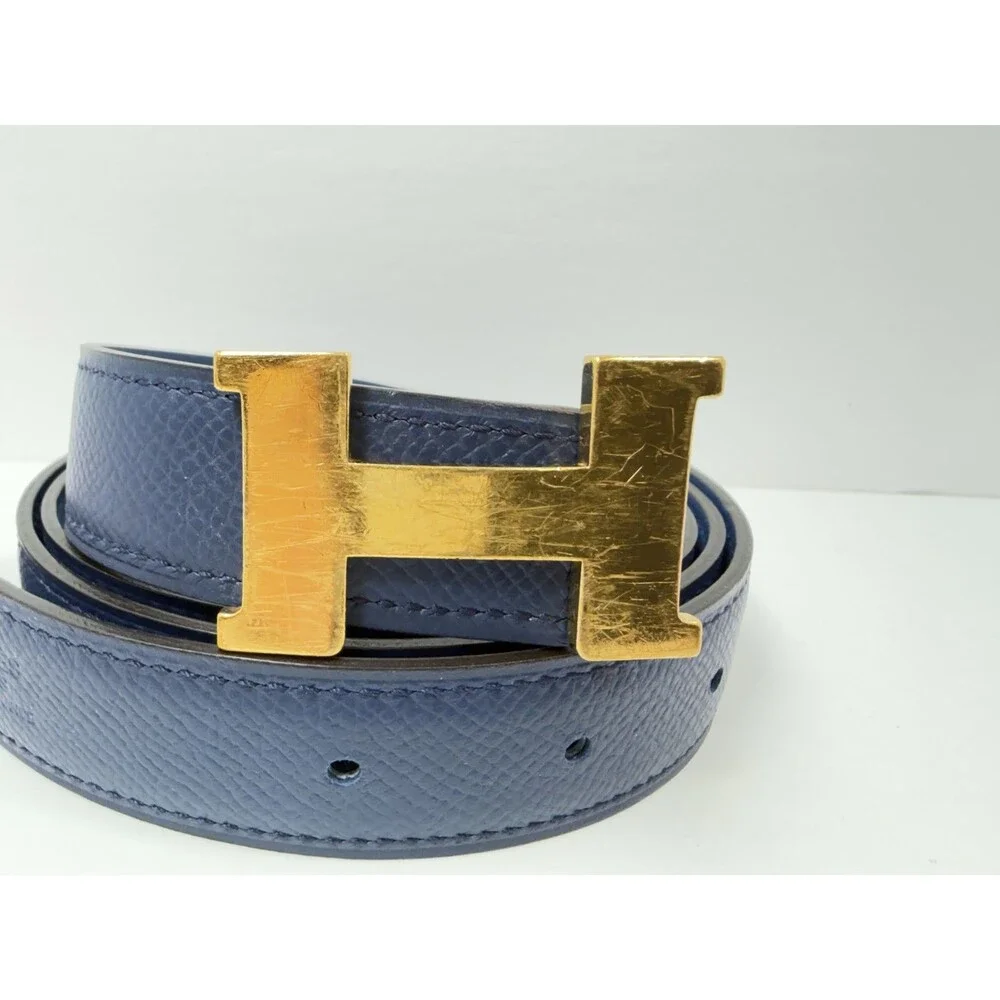 Authentic HERMES H Logo Reversible Belt Strap Blue Gold Tone Buckle Kit 85